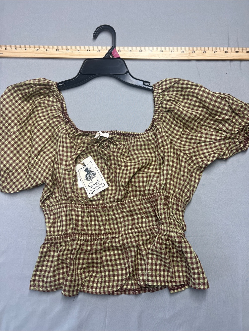 easel Brown and Cream Gingham Puff Sleeve Peplum Top